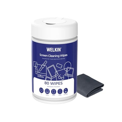WELKIN Electronic Cleaning Wipes, 80 Count Streak-Free Screen Wipes | Fast & Easy Cleaning, Gentle Formula, Lint-Free Fabric, Includes Microfiber Cloth, Anti-Static, For Computers, Phones & TVs - size: 1 PACK