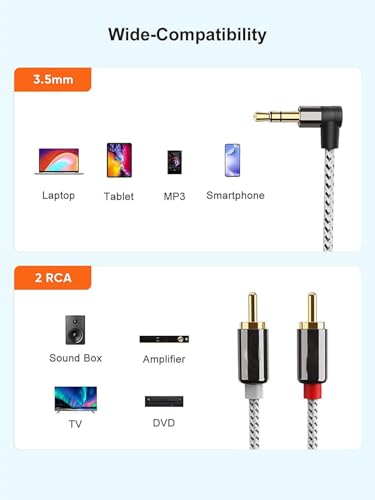 3.5mm to R-CA Cable, Angle 3.5mm Male to 2R-CA Male Auxiliary Stereo Audio Y Splitter Gold-Plated for Smartphones, MP3, Tablets, Speakers, Home Theater, HDTV, 6FT/1.8M - size: 6 Feet, style: 3.5mm Angled