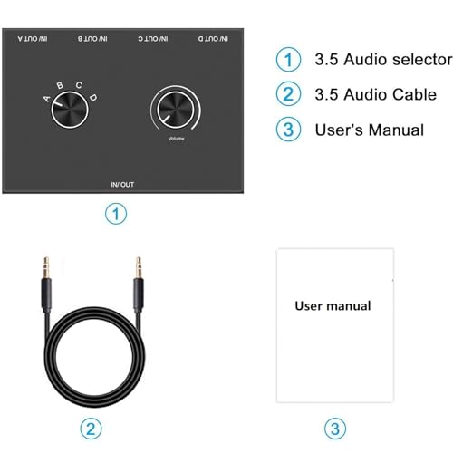 4 in 1 Out 4 Port 3.5mm Stereo Audio Switch, Bi-Directional Audio Switcher, Speaker Switch, No External Power Required