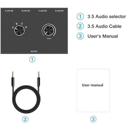 DAGIJIRD 4 Way 3.5mm Stereo Audio Switch Manual Selector Splitter Box Bi-Directional Audio Switch (4 in 1 Out / 4 in 1 Out)