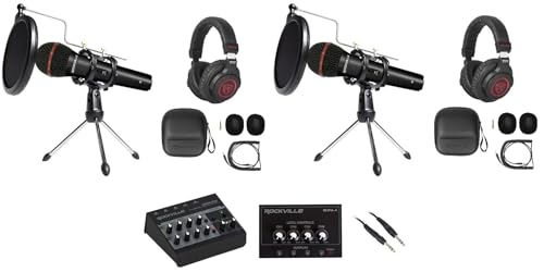 Rockville 2-Person Podcast Recording Package LINE8 USB 8-Channel Mixer and USB Audio Interface with (2) PRO-M50 Headphones, (2) RMIC-SR Mics, Stands, RHPA4 Amp, Cables (9 Items)