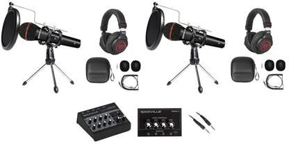 Rockville 2-Person Podcast Recording Package LINE8 USB 8-Channel Mixer and USB Audio Interface with (2) PRO-M50 Headphones, (2) RMIC-SR Mics, Stands, RHPA4 Amp, Cables (9 Items)