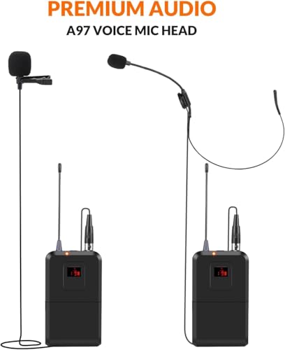 200-Channel Wireless Microphones System, Wireless Lavalier Microphone, Dual UHF Bodypack Cordless Lavalier Mic System Set, Auto Scan, Long Range 200-240Ft, 16 Hours Ideal for Church (Black)