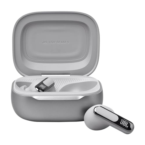 JBL Live Beam 3 - True wireless noise-cancelling stick-closed earbuds, 48Hrs total playback, Wireless Charging, 6 Mics for perfect calls, Multi-point connection, IP55 waterproof and dustproof (Silver) - color: Silver