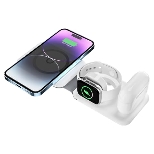 3 in 1 Wireless Charger, Foldable Magnetic Charging Station, Fast Travel Wireless Charging Pad for Multiple Apple Devices - color: White