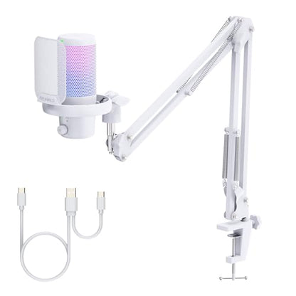 FEELWORLD VM1 White USB Gaming Condenser Microphone for pc, Boom Arm Stand - color: White