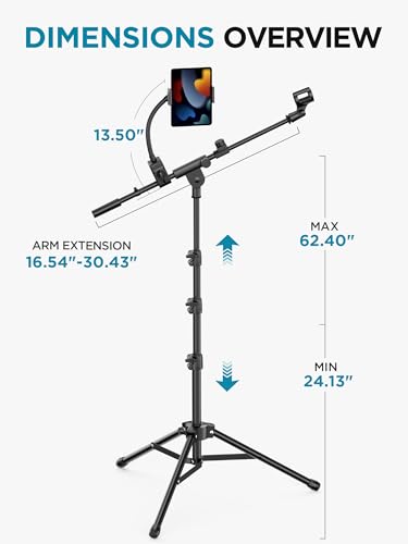 InnoGear Mic Stand Floor Microphone Stand Tablet Phone Holder for Singing | Tripod Base, Portable for Travel, Easy Height Adjustment, Stable Boom Arm, Broadly Compatible, Fit Tablets from 4.92"-9.92"