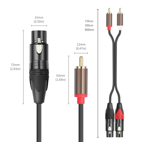 RCA to XLR HiFi Audio Cable 5 Feet, 2 RCA Male to 2 XLR Female, Black with Red/Black Tail, 4N OFC Wire and Gold-Plated Conductors for Amplifier, Mixer, Microphone - size: 5FT, style: 2 RCA Male to 2 XLR Female