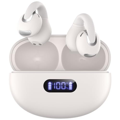 Jzones Open Ear Clip Wireless Earbuds Bluetooth 5.4, Lightweight Comfort Sports Bone Conduction Headphones Built-in Mic for Clear Audio, Stable Fit Earphones 24H Play-Beige - color: Beige
