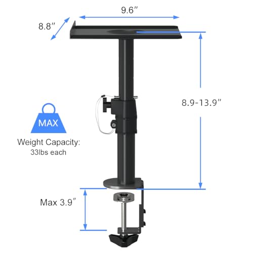 suptek Clamp-on Speaker Stand Desk Mount Set, Height Adjustment, Tilt, Swivel, 9.6 x 8.8 inch Trays, Universal Audio Holders for Computer and Bookshelf Speakers, Elevated Sound, 2 Pack, Black, SDM001B - color: Black, size: 9.6 x 8.8x 13.9"(h)