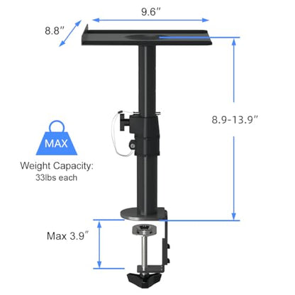 suptek Clamp-on Speaker Stand Desk Mount Set, Height Adjustment, Tilt, Swivel, 9.6 x 8.8 inch Trays, Universal Audio Holders for Computer and Bookshelf Speakers, Elevated Sound, 2 Pack, Black, SDM001B - color: Black, size: 9.6 x 8.8x 13.9"(h)