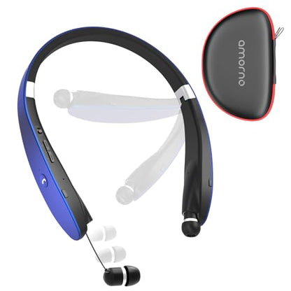 AMORNO Foldable Bluetooth Headphones Wireless Neckband Headset with Retractable Earbuds, Sports Sweatproof Noise Cancelling Stereo Earphones with Mic (Blue) - color: Blue