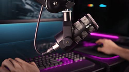 Rode PodMic Dynamic Broadcast Microphone Bundle with StreamEye Lowpro Boom Arm and 10-Foot Balanced XLR Cable — Cardioid XLR Studio Mic for Podcasting, Live Streaming, Voice Over, Broadcasting