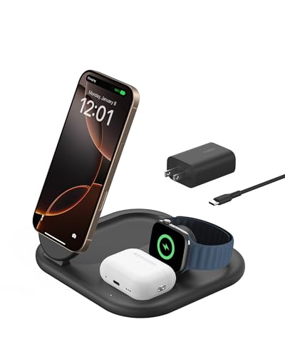 Belkin Qi2 Magnetic Wireless Charging Station, 3 in 1 Foldable Charger | MagSafe compatible, Apple Watch, AirPods, Qi2 certified, wireless charging station, travel stand - color: Black