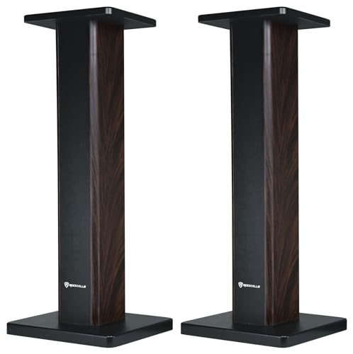 Rockville RHT28D Pair 28" Bookshelf Home Theater Speaker Stands, Dark Wood | 60 lb Capacity, Dual Top Platforms, MDF, Brass & Rubber Spikes, EVA Isolation Pads, Low Resonance - color: Dark Wood