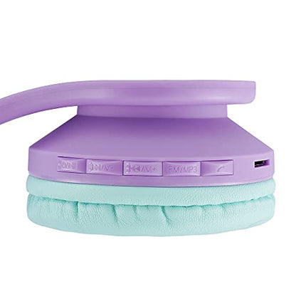 PowerLocus Bluetooth Headphones for Kids, Wireless Foldable Headphones Over Ear, Headphone with Microphone, 85DB Volume Limit, Wireless and Wired Headset with Micro SD, FM for Cellphones, Tablets, PC - color: Teal/Purple