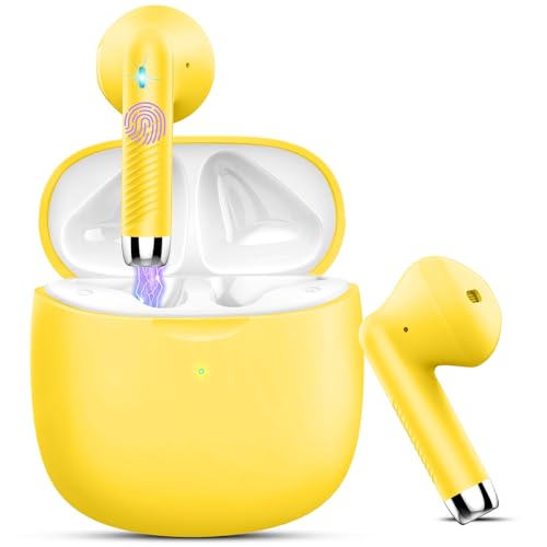 Wireless Earbuds, Bluetooth 5.4 Earbuds Stereo Bass, Bluetooth Headphones in Ear Noise Cancelling Mic, Earphones IP7 Waterproof Sports, 32H Playtime USB C Charging Case Yellow Ear Buds for Android iOS - color: Glossy Yellow