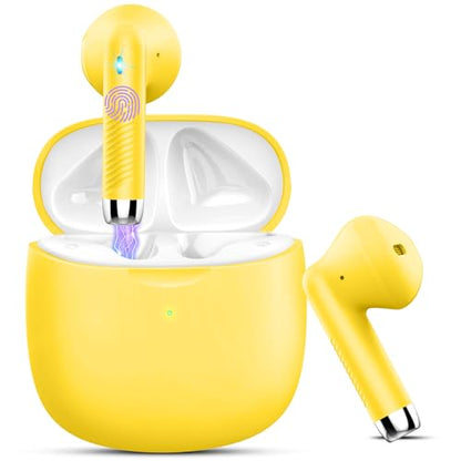 Wireless Earbuds, Bluetooth 5.4 Earbuds Stereo Bass, Bluetooth Headphones in Ear Noise Cancelling Mic, Earphones IP7 Waterproof Sports, 32H Playtime USB C Charging Case Yellow Ear Buds for Android iOS - color: Glossy Yellow