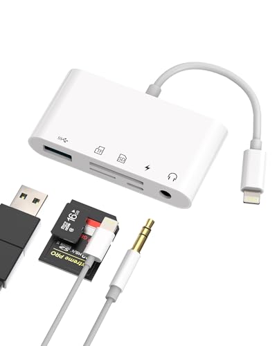 Lightning to 3.5mm Headphone Jack SD TF Card Reader USB OTG Charger Adapter(5in1) for iPhone for iPad Micro SD Camera Memory Stick Flash Drive Mouse Keyboard Dongle AUX Audio Charging Cable