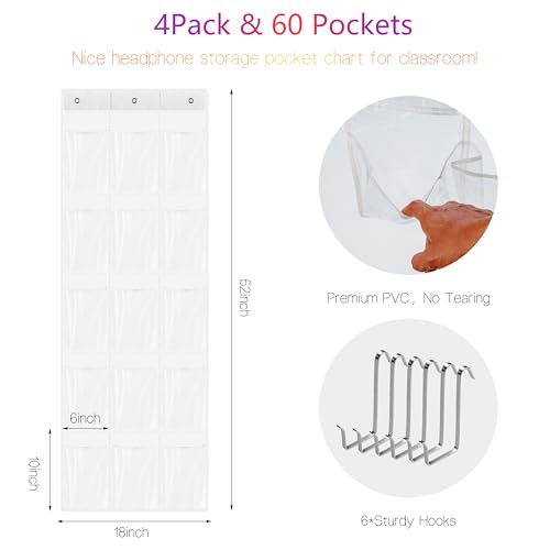 4-pack classroom headphone storage box, classroom organization, white | 60 Bags Clear PVC Door Charts with 124 Labels for Headphones and Cell Phones, Headphone Storage Classroom, Organization - size: 4 Pack