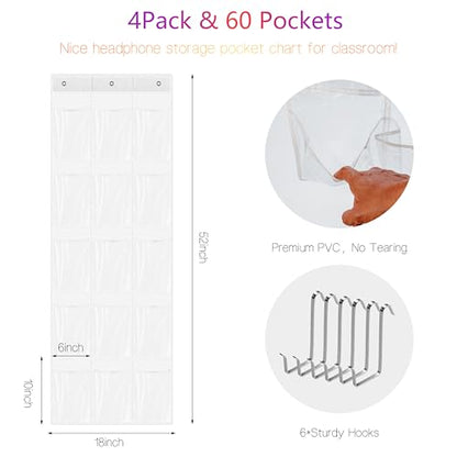 4-pack classroom headphone storage box, classroom organization, white | 60 Bags Clear PVC Door Charts with 124 Labels for Headphones and Cell Phones, Headphone Storage Classroom, Organization - size: 4 Pack