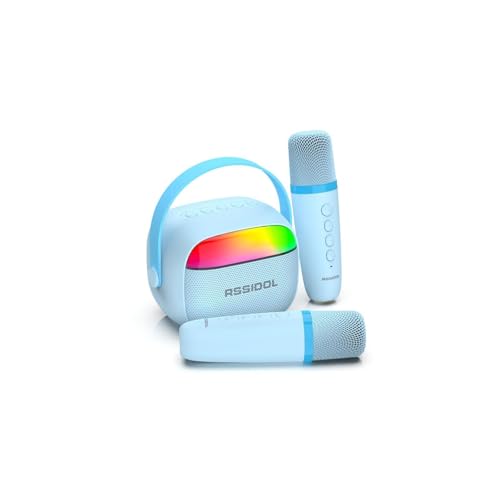 Karaoke Machine for Kids with 2 Wireless Microphones Portable Mini RGB Bluetooth Speaker Birthday Gift Toys for 3 4 5 6 7 8+ Year Old Boys - color: Blue