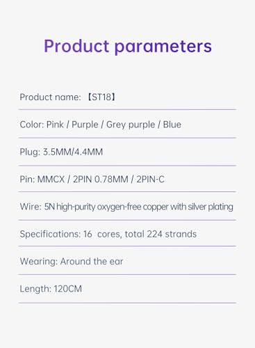 keephifi KBEAR ST18 Colorful IEM Cable Single Crystal Copper Silver-Plated Upgrade in Ear Monitor Cable with 3.5mm Gold-Plated Plug for KZ ZST/ZSN Pro/AS10/ZS10 PRO/ES4 (2PIN, Purple, 3.5MM Plug)