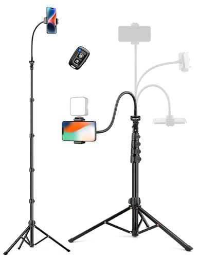 Phone Tripod, 86" Tall Tripod for iPhone with Flexible Gooseneck & Remote, Portable Aluminum Cellphone Stand for Selfies, Video Recording,Travel, Compatible with iPhone Android - size: 86 inch