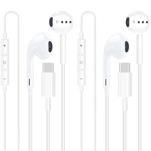 esbeecables USB C 헤드폰 유선, 마이크 및 리모컨이 있는 타입 C 이어폰, 노이즈 캔슬링 인이어 이어버드, 아이폰 17/16/15 프로 맥스, 삼성 S25, 아이패드, 맥북, 픽셀 등과 호환 가능 | 유선 USB C 이어폰/이어버드, 내장 리모컨, 음악/전화 통화/볼륨 제어, 아이폰 17/16/15/갤럭시와 호환 가능 - color: 화이트 USB C 헤드폰
