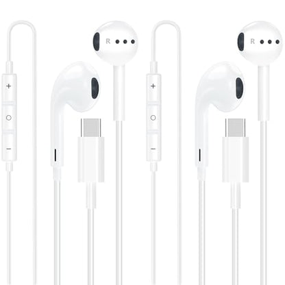 esbeecables USB C 헤드폰 유선, 마이크 및 리모컨이 있는 타입 C 이어폰, 노이즈 캔슬링 인이어 이어버드, 아이폰 17/16/15 프로 맥스, 삼성 S25, 아이패드, 맥북, 픽셀 등과 호환 가능 | 유선 USB C 이어폰/이어버드, 내장 리모컨, 음악/전화 통화/볼륨 제어, 아이폰 17/16/15/갤럭시와 호환 가능 - color: 화이트 USB C 헤드폰