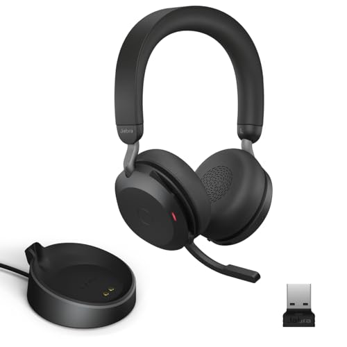 Jabra Evolve2 75 PC Wireless Headset with Charging Stand and 8-Mic Technology - Dual Foam Stereo Headphones with Advanced Active Noise Cancelling, USB-A Bluetooth Adapter and UC Compatibility - Black - size: USB-A Dongle, style: All Platforms