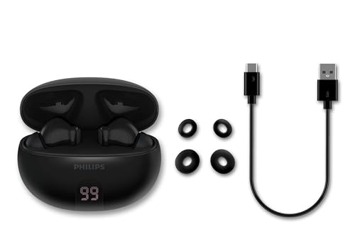 Philips T2520 True Wireless Earbuds, Bluetooth 5.4, Active Noise Cancelling, AI Mic Clear Calls, Dynamic Bass, 20H Battery, IPX4 Water Resistant, Black