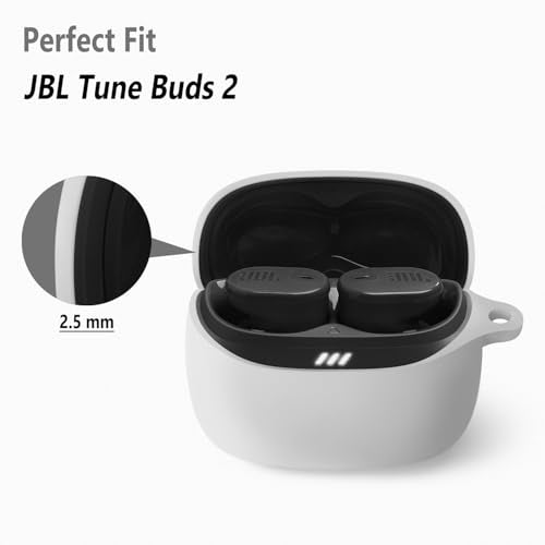 Geiomoo Silicone Case for JBL Tune Buds 2, Soft Flexible Scratch Resistant Protective Cover with Carabiner (White) - color: White