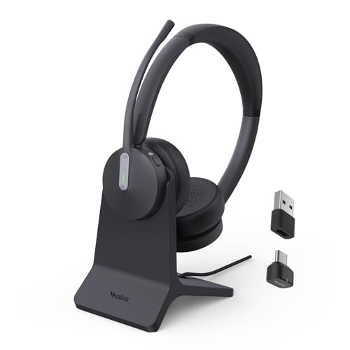 Yealink BH70 with Stand, Wireless Teams Headset with AI Mic Flip-to-Mute | Microsoft Teams & Zoom Certified, 100+ UC Platform Compatible, 35h Talk Battery, USB dongle C/A, No Power Adapter Required - color: Black(Dual+stand), style: Teams(USB-C to A)