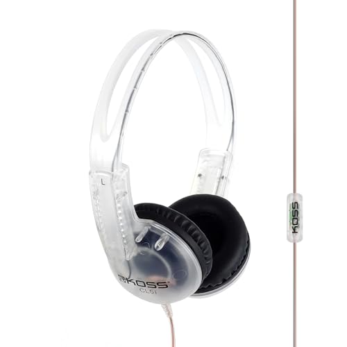 Koss CL/5i Clear Retro 90s Style On-Ear Headphones, Microphone Wired Plug | Transparent Design, In-Line Microphone and Remote, 3.5mm Jack