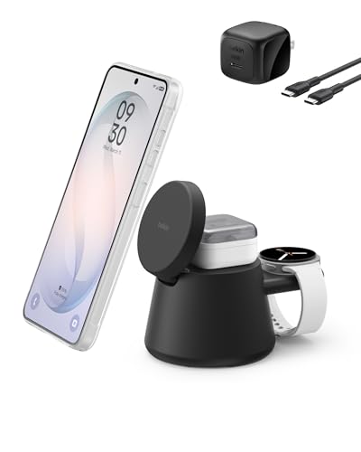 Belkin Qi2.2 25W Magnetic Wireless Charging Station, 3 in 1 Samsung Charger | Fast Charging, MagSafe Compatible, Samsung Galaxy S26, Android Charger, Pixel 10, iPhone 17/16/15, Apple Watch, AirPods - color: Black