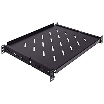 Vented 4-Post Shelf, Adjustable, Black, 350 mm Depth, 1U, 242 lbs, Cold Rolled Steel, CE Compliant - size: 14" Deep