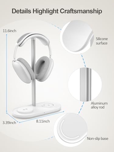 TopMade 5-in-1 Headphone Stand for Desk with Wireless Charger & USB Charger for iPhone/AirPods/iWatch/Samsung, Universal Desktop Headset Stand for AirPods Max, Bose, Beats and More, White