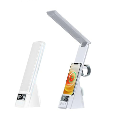 IHAO 6in1 Multifunctional Foldable LED Desk Lamp with Wireless Charger Digital Alarm Clock Eye-Care Lighting 3 Color Modes 15W Qi Charger for Phone/Headphones Compatible with iWatch Charger-N61 White - color: Multi Funcitonal Alarm Clock N61 White