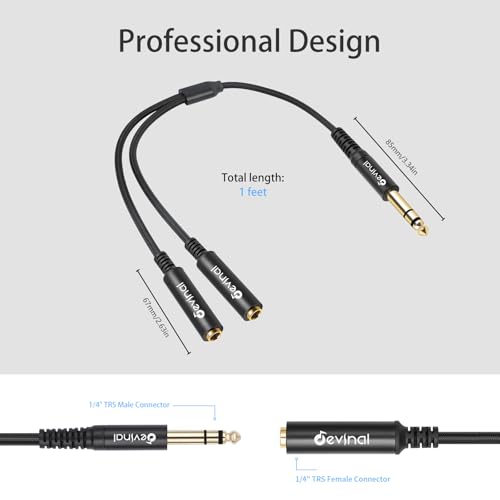 1/4 inch TRS Splitter Cable, 6.35mm Stereo Y Cable, 1/4 Male Plug to Dual 1/4 Female Jack Cord, 12 inches / 30cm - color: Black 1/4" TRS Male to Dual 1/4" Female 12 Inch