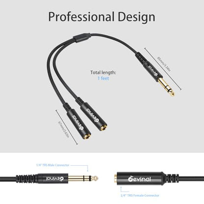 1/4 inch TRS Splitter Cable, 6.35mm Stereo Y Cable, 1/4 Male Plug to Dual 1/4 Female Jack Cord, 12 inches / 30cm - color: Black 1/4" TRS Male to Dual 1/4" Female 12 Inch