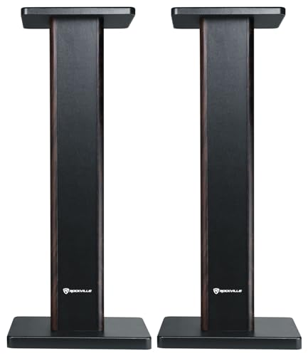 Rockville RHT28D Pair 28" Bookshelf Home Theater Speaker Stands, Dark Wood | 60 lb Capacity, Dual Top Platforms, MDF, Brass & Rubber Spikes, EVA Isolation Pads, Low Resonance - color: Dark Wood