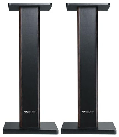 Rockville RHT28D Pair 28" Bookshelf Home Theater Speaker Stands, Dark Wood | 60 lb Capacity, Dual Top Platforms, MDF, Brass & Rubber Spikes, EVA Isolation Pads, Low Resonance - color: Dark Wood
