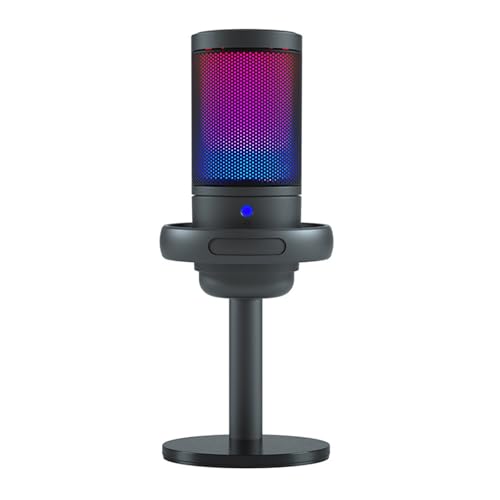 USB Microphone for PC Gaming Color Lighting Mic Mute Button Condenser with Knob Solid Base - color: Black