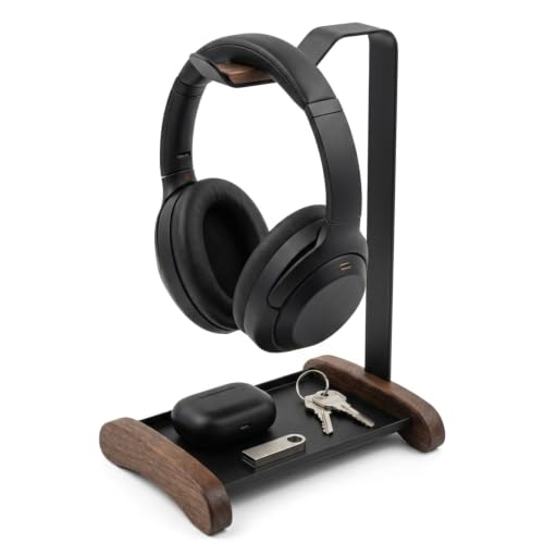Headphone Stand for Desk with Storage Tray, Walnut Wood Headset Holder and Desktop Organizer for Headphones, Keys, Watches & Accessories, Home Office and Gaming Setup
