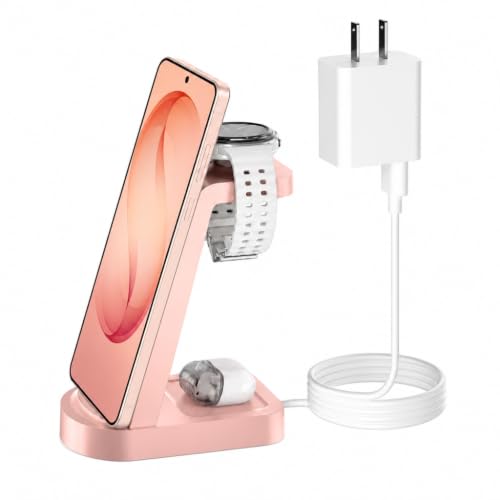 Wireless Charger for Samsung/Android, HOLYJOY 3 in 1 Fast Charging Station/Stand/Multi Charger for Samsung S26 Ultra/S25/Note 20, Travel Pad for Galaxy Watch 8/7/6/5/Active 2, for Buds(Pink) - color: Pink
