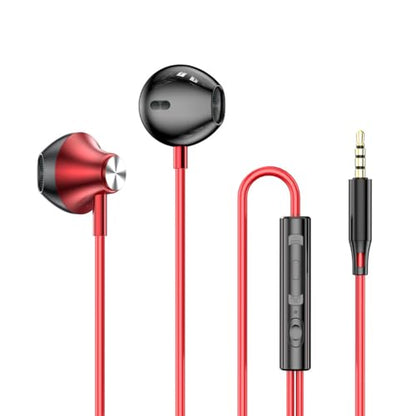 Wired in-Ear Headphones with Microphone, 3.5mm Jack Earphones | 3.5mm Jack Earphones with Remote and Mic. Compatible with Smartphones. Use in everyday routines. For practical routines. - color: Red, 3.5mm Round Tip