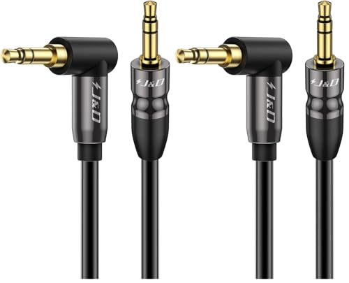 J&D 1/8 Stereo Cable, 3.5mm Extension Double Male Stereo Audio Aux Jack to Jack Cable 90 Degree Right Angle for Phone Tablet MP3 Player and All Other Devices, 10 Feet (Pack of 2) - size: 10 Feet (Pack of 2)