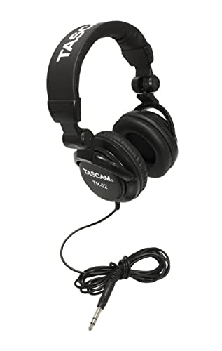 TASCAM TH-02 Professional Studio Monitor Headphones, Wired, Over Ear — for Recording, Podcast, DJ, Music and Guitar, with 1/4 Inch Jack Adapter