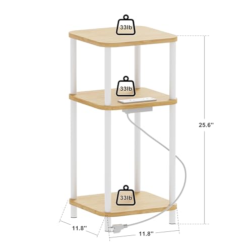 Bamboo End Table with Charging Station, Side Table for Small Space, Small Table Stand, Narrow Wooden Bedside Table Nightstand with Shelves, for Nursery, Living Room, Bedroom, Natural and White - color: Natural and White
